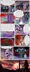 Size: 1500x3505 | Tagged: safe, artist:nancy-05, derpibooru import, oc, oc:empress sacer malum, oc:melicus ostium, changeling, changeling queen, hybrid, pony, siren, unicorn, comic:fusing the fusions, comic:time of the fusions, absorption, armor, balcony, barrier, battle armor, bits, black sclera, comforting, comic, commissioner:bigonionbean, confused, curved horn, dark magic, female, fusion, fusion:empress sacer malum, fusion:melicus ostium, gold, headache, helmet, hologram, horn, jewelry, jewels, lightning, magic, map of equestria, money, not an alicorn, possessed, possession, pouring, rain, regalia, scroll, shaking, soaked, sombra eyes, storm, tartarus, weather, wet, wet mane, writer:bigonionbean