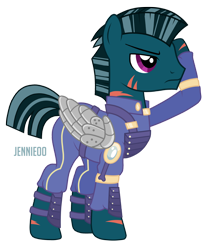 Size: 1004x1200 | Tagged: safe, artist:jennieoo, derpibooru import, oc, oc:swift specter, pegasus, pony, clothes, salute, scar, simple background, solo, steel wings, transparent background, uniform, vector