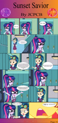 Size: 1280x2717 | Tagged: safe, artist:jcpreactyt, derpibooru import, indigo zap, sci-twi, sunset shimmer, twilight sparkle, human, comic:sunset savior, equestria girls, friendship games, clothes, comic, crystal prep academy uniform, open mouth, school uniform, why you little