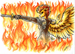 Size: 1920x1375 | Tagged: safe, artist:lupiarts, derpibooru import, spitfire, anthro, badass, crossover, fire, looking at you, looking back, looking back at you, one winged pegasus, sephiroth, solo