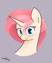 Size: 1000x1200 | Tagged: safe, artist:wellory, derpibooru import, oc, oc only, oc:redly, pony, unicorn, blushing, cute, female, simple background, solo