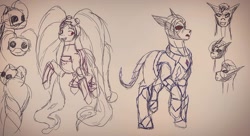 Size: 1080x589 | Tagged: safe, artist:meanagame, derpibooru import, earth pony, pony, armor, entrapta, female, goggles, hordak, lineart, male, mare, ponified, she-ra and the princesses of power, sketch, smiling, stallion