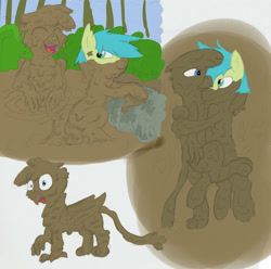 Size: 1280x1272 | Tagged: safe, artist:pzkratzer, derpibooru import, gallus, sandbar, earth pony, griffon, gallbar, gay, hug, male, mud, shipping, sketch, sketch dump, swamp