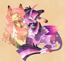 Size: 1011x953 | Tagged: safe, artist:wanderingpegasus, derpibooru import, fluttershy, twilight sparkle, twilight sparkle (alicorn), alicorn, pegasus, pony, blushing, chest fluff, coat markings, ear fluff, ears, eyes closed, female, freckles, kissing, leonine tail, lesbian, mare, redesign, shipping, simple background, twishy, unshorn fetlocks, yellow background