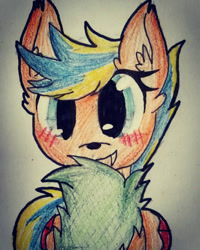 Size: 1152x1440 | Tagged: safe, artist:juliet-gwolf18, derpibooru import, oc, oc only, oc:blue bolt, pony, wolf, wolf pony, blushing, bust, ear fluff, ears, eyelashes, female, grin, smiling, solo, traditional art