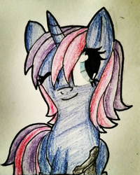 Size: 1152x1440 | Tagged: safe, artist:juliet-gwolf18, derpibooru import, oc, oc only, pony, unicorn, bust, eyelashes, female, horn, mare, one eye closed, smiling, solo, traditional art, unicorn oc, wink