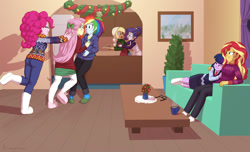 Size: 1815x1100 | Tagged: safe, artist:carnifex, derpibooru import, applejack, fluttershy, pinkie pie, rainbow dash, rarity, sci-twi, sunset shimmer, twilight sparkle, equestria girls, apron, blushing, bow, bunny slippers, christmas sweater, clothes, commission, cookie, cuddling, female, flutterdash, food, glasses off, hair bow, hair bun, holiday, hoodie, lesbian, mistletoe, necktie, rarijack, scitwishimmer, shipper on deck, shipping, skirt, slippers, socks, sunsetsparkle, sweater, winter