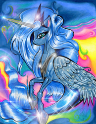 Size: 1280x1650 | Tagged: safe, artist:alaer, derpibooru import, princess luna, alicorn, merpony, seapony (g4), blue eyes, colored pupils, crown, deviantart watermark, eyelashes, female, fish tail, flowing mane, flowing tail, glow, high res, hoof shoes, horn, jewelry, logo, long horn, long mane, obtrusive watermark, regalia, seaponified, seapony luna, smiling, solo, sparkly, species swap, tail, underwater, water, watermark, wings