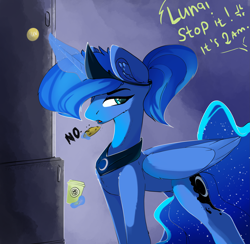 Size: 3075x3000 | Tagged: safe, artist:therealf1rebird, derpibooru import, princess luna, alicorn, pony, coffee, cookie, cup, dialogue, ear fluff, ears, eating, female, food, glowing horn, horn, implied princess celestia, jewelry, looking back, magic, mare, offscreen character, regalia, s1 luna, solo, telekinesis, wings