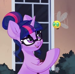 Size: 1884x1864 | Tagged: safe, artist:taneysha, derpibooru import, sci-twi, twilight sparkle, parasprite, pony, unicorn, equestria girls, book, cute, equestria girls ponified, female, glasses, is this a pigeon, looking at something, mare, meme, open mouth, open smile, smiling, solo, unicorn sci-twi