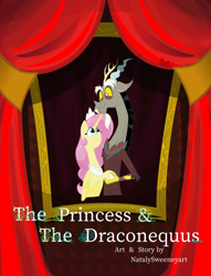 Size: 1280x1679 | Tagged: safe, artist:natalysweeneyart, derpibooru import, discord, fluttershy, alicorn, draconequus, pony, comic:the princess and the draconequus, alicornified, bust, curtains, discoshy, fanfic, fanfic art, fanfic cover, female, fluttercorn, folded wings, holding arms, hoof shoes, jewelry, looking at each other, looking up, male, mare, painting, portrait, race swap, shipping, smiling, straight, tiara, title, wings