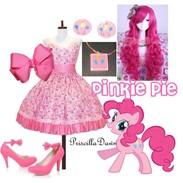 Size: 183x183 | Tagged: artist needed, source needed, safe, derpibooru import, pinkie pie, earth pony, pony, bow, clothes, dress, ear piercing, earring, high heels, inspired outfits, jewelry, necklace, piercing, shoes, solo, wig