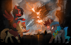 Size: 2338x1500 | Tagged: safe, artist:starlightspark, derpibooru import, oc, oc:blackburn, oc:golden dawn, oc:havoc, oc:lockwood, pegasus, unicorn, airship, crisis equestria, explosion, horn, pegasus oc, unicorn oc, wings