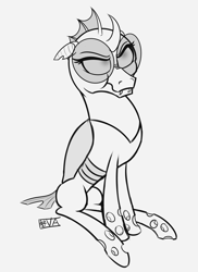 Size: 4000x5500 | Tagged: safe, artist:evan555alpha, ponybooru exclusive, oc, oc only, oc:yvette (evan555alpha), changeling, evan's daily buggo, changeling oc, dorsal fin, ears back, fangs, female, furrowed brow, glasses, grumpy, looking up, round glasses, scrunchy face, signature, simple background, sitting, sketch, solo, white background