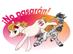 Size: 1280x963 | Tagged: safe, artist:spectralunicorn, edit, editor:edits of hate, earth pony, pony, zebra, antifa, branding, bucking, eyes closed, gang brand, gangster disciples, gradient background, no pasaran, simple background, spanish, spanish falange, spraypainted cutie mark, white background