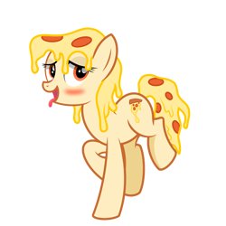 Size: 3000x3000 | Tagged: safe, artist:pizzamovies, derpibooru import, oc, oc:mozzarella orgy, food pony, original species, pizza pony, pony, blushing, cheese, female, food, mare, meat, pepperoni, pepperoni pizza, pizza, ponified, simple background, solo, tongue out, transparent background