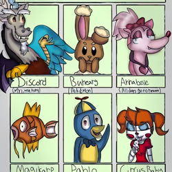 Size: 450x450 | Tagged: artist needed, source needed, safe, derpibooru import, discord, anthro, bird, draconequus, penguin, bedroom eyes, bowtie, buneary, bust, cheek squish, circus baby, crossover, eyes closed, female, five nights at freddy's, hat, jewelry, magikarp, male, necklace, pokémon, propeller hat, six fanarts, smiling, squishy cheeks, waving