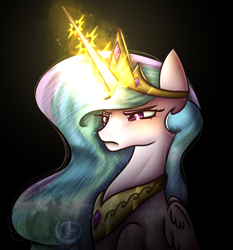 Size: 930x1000 | Tagged: safe, artist:mazeness, derpibooru import, princess celestia, alicorn, pony, angry, black background, bust, crown, dark, female, frown, glare, glow, glowing horn, horn, jewelry, mare, regalia, simple background, sitting