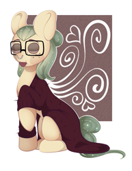 Size: 1155x1498 | Tagged: safe, artist:kummitui, derpibooru import, oc, oc only, earth pony, pony, :p, abstract background, clothes, earth pony oc, eyes closed, freckles, glasses, nose piercing, nose ring, piercing, raised hoof, raised leg, solo, tongue out