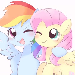 Size: 1628x1634 | Tagged: safe, artist:ginmaruxx, derpibooru import, fluttershy, rainbow dash, pegasus, pony, blushing, cute, dashabetes, duo, female, mare, one eye closed, open mouth, shyabetes, simple background, white background, wink