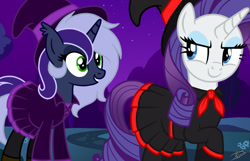 Size: 1024x660 | Tagged: safe, artist:princessmoonsilver, derpibooru import, rarity, oc, oc:krystel, pony, unicorn, base used, clothes, female, hat, witch, witch hat