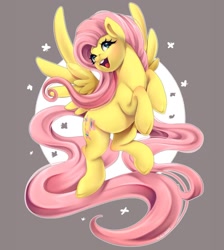 Size: 1080x1205 | Tagged: safe, artist:kummitui, derpibooru import, fluttershy, pegasus, pony, abstract background, eyelashes, female, mare, open mouth, rearing, smiling, solo