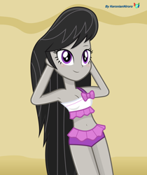 Size: 3000x3574 | Tagged: safe, artist:keronianniroro, derpibooru import, octavia melody, equestria girls, adorasexy, armpits, beach, belly button, bikini, blushing, breasts, cleavage, clothes, cute, female, looking at you, lying down, midriff, sexy, solo, swimsuit