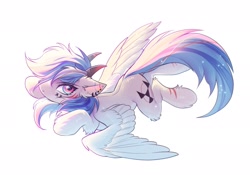 Size: 2048x1431 | Tagged: safe, artist:swaybat, derpibooru import, oc, oc only, pegasus, pony, commission, ear piercing, earring, fluffy, horns, jewelry, looking at you, partial heterochromia, piercing, simple background, solo, spread wings, white background, wings