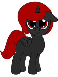Size: 3072x4096 | Tagged: safe, artist:theunidentifiedchangeling, derpibooru import, oc, oc:lily shadehearth, alicorn, pony, blank flank, cute, ears, female, filly, floppy ears, folded wings, horn, looking at you, red eyes, red mane, red tail, simple background, smiling, transparent background, wings