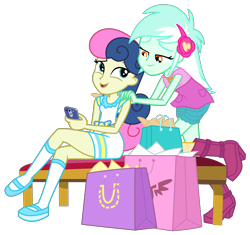 Size: 3600x3388 | Tagged: safe, artist:sketchmcreations, derpibooru import, bon bon, lyra heartstrings, sweetie drops, better together, equestria girls, holidays unwrapped, bench, crossed legs, dashing through the mall, female, hand on shoulder, lesbian, looking at each other, lyrabon, open mouth, phone, raised leg, shipping, shopping, shopping bags, simple background, sitting, smiling, transparent background, vector
