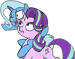 Size: 614x487 | Tagged: safe, derpibooru import, starlight glimmer, trixie, pony, unicorn, ponies riding ponies, riding, simple background, transparent background