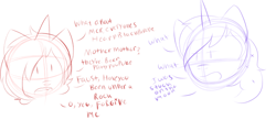 Size: 1324x579 | Tagged: safe, derpibooru import, princess luna, oc, oc:sardonic ardor, alicorn, pony, unicorn, alternate hairstyle, conversation, dialogue, duo, handwritten text, missing accessory, oc and canon, sketch