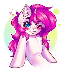 Size: 1200x1347 | Tagged: safe, artist:falafeljake, derpibooru import, oc, pony, unicorn, blushing, cute, looking at you, one eye closed, solo, wink, winking at you