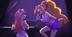 Size: 1280x659 | Tagged: safe, artist:nairdags, artist:rileyav, derpibooru import, adagio dazzle, sunset shimmer, collaboration, equestria girls, blushing, breasts, colored, female, lesbian, microphone, musical instrument, piano, shipping, sideboob, singing, spotlight, sunsagio