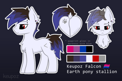 Size: 1536x1024 | Tagged: safe, artist:keupoz, derpibooru import, oc, oc only, oc:keupoz, earth pony, pony, bisexual pride flag, butt, cheek fluff, chest fluff, dock, ear piercing, earth pony oc, looking at you, male, piercing, plot, pride, pride flag, rear view, reference sheet, simple background, solo, stallion, text, watermark