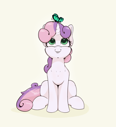 Size: 2200x2400 | Tagged: safe, artist:aquaticvibes, derpibooru import, sweetie belle, butterfly, pony, unicorn, cute, diasweetes, female, filly, high res, looking up, simple background, sitting, smiling, yellow background