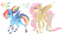 Size: 1280x722 | Tagged: safe, artist:irkenkt, derpibooru import, fluttershy, rainbow dash, pegasus, pony, alternate cutie mark, alternate design, coat markings, deviantart watermark, duo, ears, feathered fetlocks, female, floppy ears, male, obtrusive watermark, simple background, socks (coat marking), unshorn fetlocks, watermark, white background