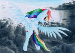 Size: 1280x906 | Tagged: safe, artist:myzanil, derpibooru import, rainbow dash, pegasus, pony, cloud, cloudscape, colored pencil drawing, flying, looking back, rear view, sky, smiling, solo, traditional art