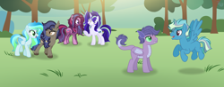 Size: 4736x1848 | Tagged: safe, artist:purplepotato04, derpibooru import, oc, oc only, oc:blue streak, oc:magic flame sparkle, oc:midnight haze, oc:sparkling moon, oc:valour enigma, alicorn, bat pony, dracony, dragon, hybrid, pegasus, pony, unicorn, female, interspecies offspring, male, mare, offspring, parent:rarity, parent:sky stinger, parent:spike, parent:vapor trail, parents:sparity, parents:vaporsky, stallion