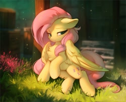 Size: 1280x1036 | Tagged: safe, artist:hioshiru, derpibooru import, fluttershy, pegasus, pony, bedroom eyes, chest fluff, crepuscular rays, cute, daaaaaaaaaaaw, ears, female, floppy ears, leg fluff, mare, shyabetes, sitting, solo