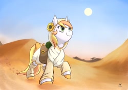 Size: 1024x725 | Tagged: safe, artist:foxhatart, derpibooru import, oc, oc only, oc:sahara, pony, unicorn, bow, clothes, desert, female, mare, outdoors, sand, solo, tail bow