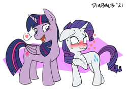 Size: 1248x888 | Tagged: safe, artist:dimbulb, derpibooru import, rarity, twilight sparkle, twilight sparkle (alicorn), alicorn, pony, unicorn, blushing, female, females only, heart, lesbian, mare, rarilight, shipping, simple background, sweat