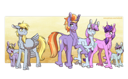 Size: 2600x1600 | Tagged: safe, artist:inuhoshi-to-darkpen, derpibooru import, amethyst star, blue belle, derpy hooves, dinky hooves, liza doolots, petunia, sparkler, tootsie flute, pegasus, pony, unicorn, chest fluff, crystal lake, ear fluff, ears, family, female, half-siblings, half-sisters, implied adultery, implied infidelity, male, mare, married couple, raised hoof, raised leg, stallion, story included, unshorn fetlocks