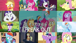 Size: 1968x1108 | Tagged: safe, derpibooru import, edit, edited screencap, editor:quoterific, screencap, applejack, fluttershy, pinkie pie, rainbow dash, rarity, twilight sparkle, twilight sparkle (alicorn), unicorn twilight, alicorn, earth pony, pegasus, pony, unicorn, castle mane-ia, daring don't, fame and misfortune, filli vanilli, lesson zero, magic duel, party of one, party pooped, secrets and pies, sonic rainboom (episode), the crystal empire, the saddle row review, applejack's hat, cowboy hat, crying, freakout, gasp, hat, mane six, open mouth, pinkamena diane pie, screaming, twilight snapple, twitching