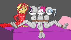 Size: 2068x1164 | Tagged: safe, artist:bugssonicx, derpibooru import, pinkie pie, sci-twi, sunset shimmer, trixie, twilight sparkle, equestria girls, arm behind back, bed, bondage, bound and gagged, cloth gag, clothes, footed sleeper, footie pajamas, gag, on bed, one eye closed, onesie, otn gag, over the nose gag, pajamas, rope, rope bondage, sleepover, slumber party, tied up, winter