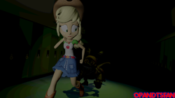 Size: 3840x2160 | Tagged: safe, artist:optimussparkle, derpibooru import, applejack, dog, equestria girls, 3d, animatronic, crossover, fetch (fnaf), five nights at freddy's, running, scared, source filmmaker