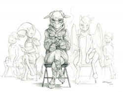 Size: 1400x1042 | Tagged: safe, artist:baron engel, derpibooru import, rarity, earth pony, pegasus, pony, unicorn, bald, bernie sanders, chair, clothes, coat, face mask, glasses, mask, ponified, scarf, sitting, spread wings, wings