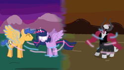 Size: 3840x2160 | Tagged: safe, artist:twilightsparkle0428, derpibooru import, flash sentry, lord tirek, twilight sparkle, alicorn, centaur, pegasus, dark magic, female, fight, magic, male