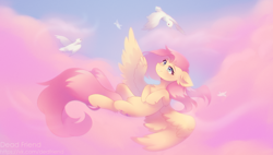 Size: 5000x2845 | Tagged: safe, artist:dedfriend, derpibooru import, fluttershy, bird, pegasus, pony, chest fluff, cloud, cute, daaaaaaaaaaaw, ear fluff, ears, female, flying, high res, hooves to the chest, leg fluff, looking at someone, mare, shyabetes, sky, smiling, solo, spread wings, wings