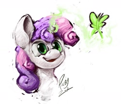 Size: 1433x1237 | Tagged: safe, artist:th3ipodm0n, derpibooru import, sweetie belle, butterfly, pony, unicorn, bust, female, filly, magic, open mouth, portrait, smiling, solo, sweetie belle's magic brings a great big smile